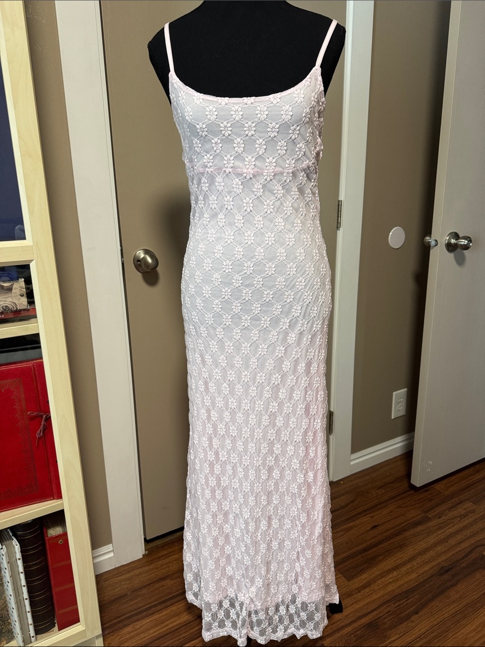 Delicate Blush Lace Maxi Dress with Spaghetti Straps